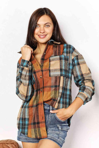 Double Take Plaid Curved Hem Shirt Jacket with Breast Pockets - 1985 the VAULT Boutique