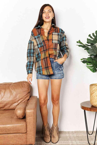 Double Take Plaid Curved Hem Shirt Jacket with Breast Pockets - 1985 the VAULT Boutique