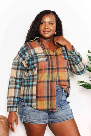 Double Take Plaid Curved Hem Shirt Jacket with Breast Pockets - 1985 the VAULT Boutique