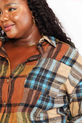 Double Take Plaid Curved Hem Shirt Jacket with Breast Pockets - 1985 the VAULT Boutique