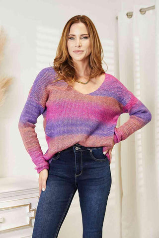 Double Take Multicolored Rib-Knit V-Neck Knit Pullover - 1985 the VAULT Boutique