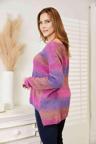 Double Take Multicolored Rib-Knit V-Neck Knit Pullover - 1985 the VAULT Boutique