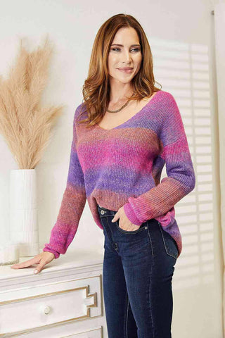 Double Take Multicolored Rib-Knit V-Neck Knit Pullover - 1985 the VAULT Boutique