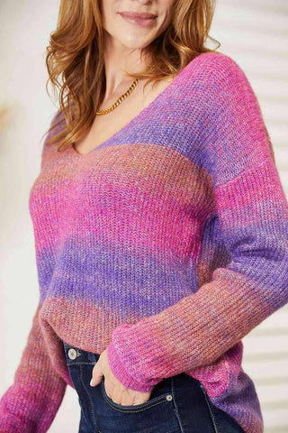 Double Take Multicolored Rib-Knit V-Neck Knit Pullover - 1985 the VAULT Boutique