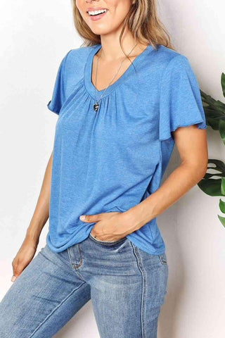 Double Take Ruched V-Neck Short Sleeve T-Shirt - 1985 the VAULT Boutique