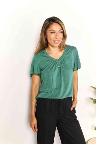 Double Take Ruched V-Neck Short Sleeve T-Shirt - 1985 the VAULT Boutique