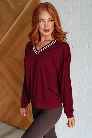 All Out Comfort V-Neck Pullover in Red Merlot - 1985 the VAULT Boutique