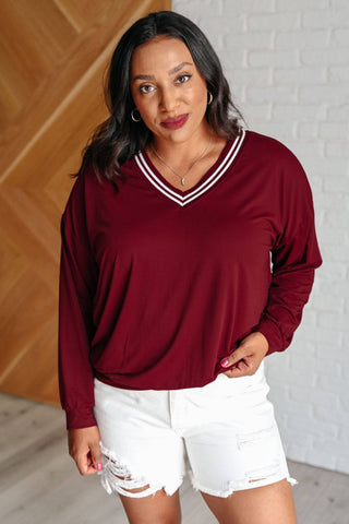 All Out Comfort V-Neck Pullover in Red Merlot - 1985 the VAULT Boutique