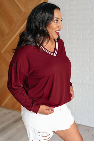 All Out Comfort V-Neck Pullover in Red Merlot - 1985 the VAULT Boutique