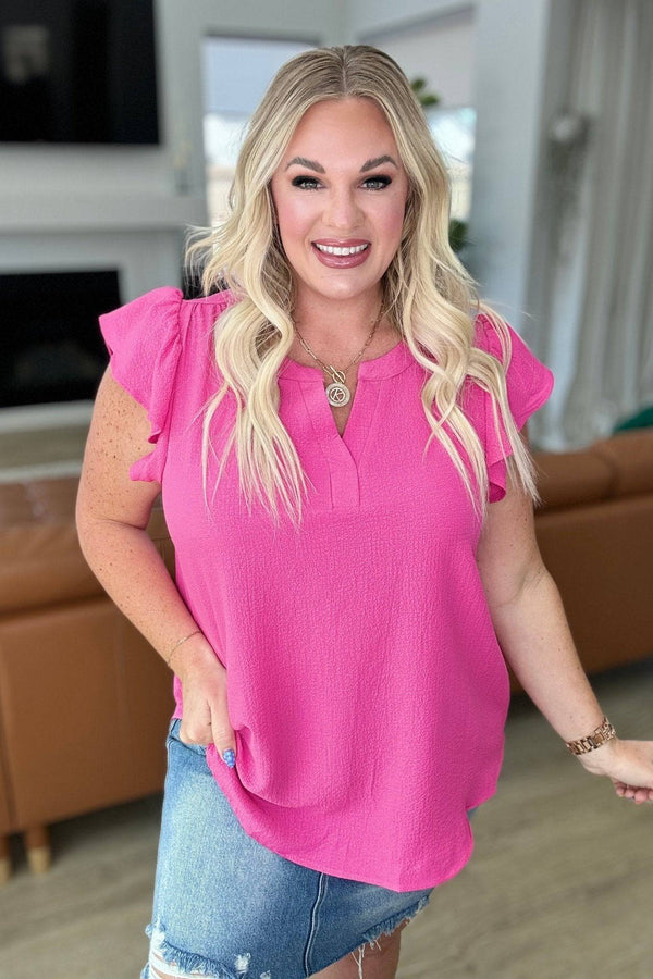 Crinkle Split Neckline Flutter Sleeve Top in Hot Pink - 1985 the VAULT Boutique