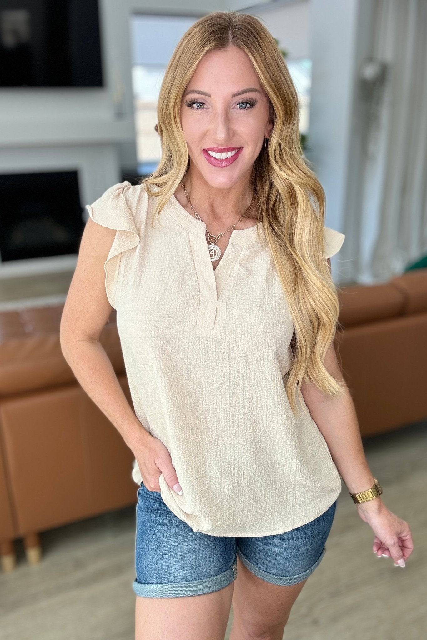 Crinkle Split Neckline Flutter Sleeve Top in Taupe - 1985 the VAULT Boutique