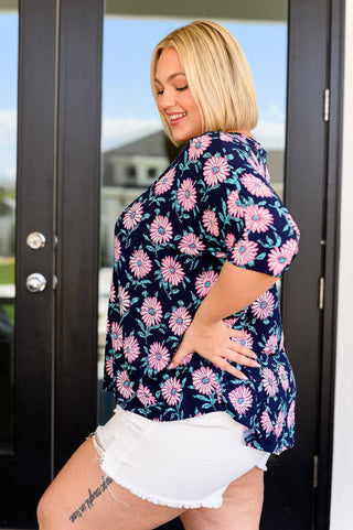 Essential Blouse in Navy and Pink Daisies - 1985 the VAULT Boutique