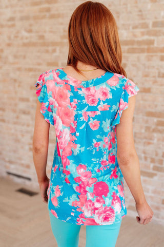 Lizzy Flutter Sleeve Top in Blue and Pink Roses - 1985 the VAULT Boutique