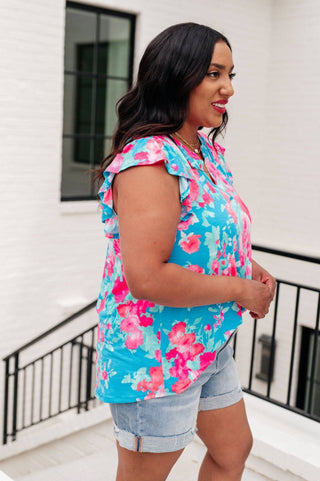 Lizzy Flutter Sleeve Top in Blue and Pink Roses - 1985 the VAULT Boutique