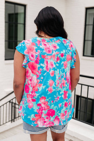 Lizzy Flutter Sleeve Top in Blue and Pink Roses - 1985 the VAULT Boutique