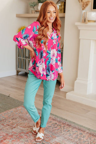 Lizzy Top in Magenta and Teal Tropical Floral - 1985 the VAULT Boutique