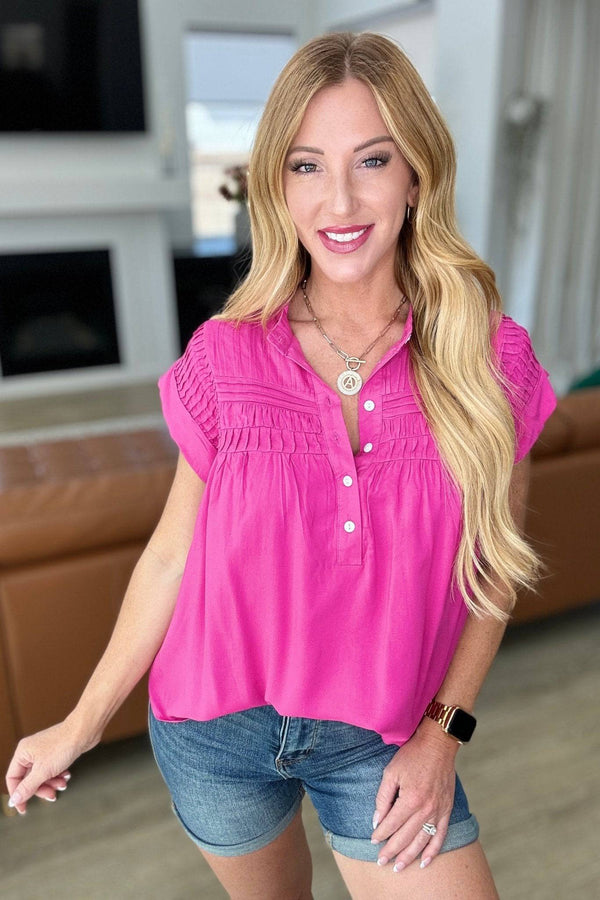 Pleat Detail Button Up Blouse in Hot Pink - 1985 the VAULT Boutique