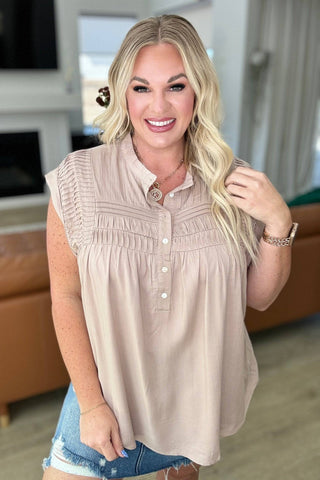 Pleat Detail Button Up Blouse in Taupe - 1985 the VAULT Boutique