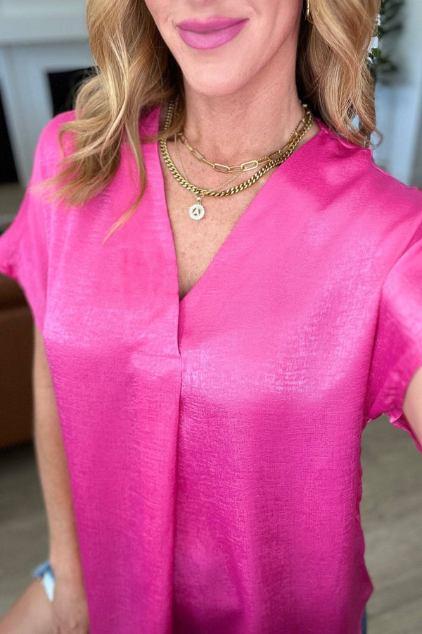 Pleat Front V-Neck Top in Hot Pink - 1985 the VAULT Boutique