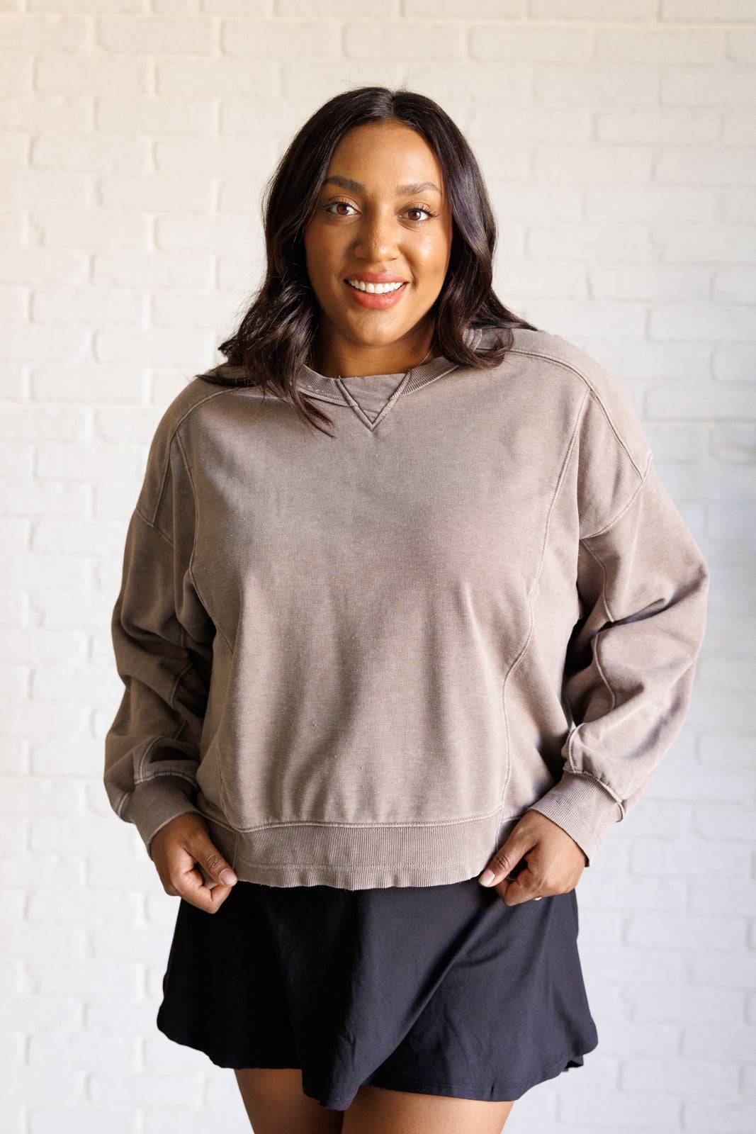 Quick Fix Mineral Wash Crew Neck Pullover in Mocha - 1985 the VAULT Boutique