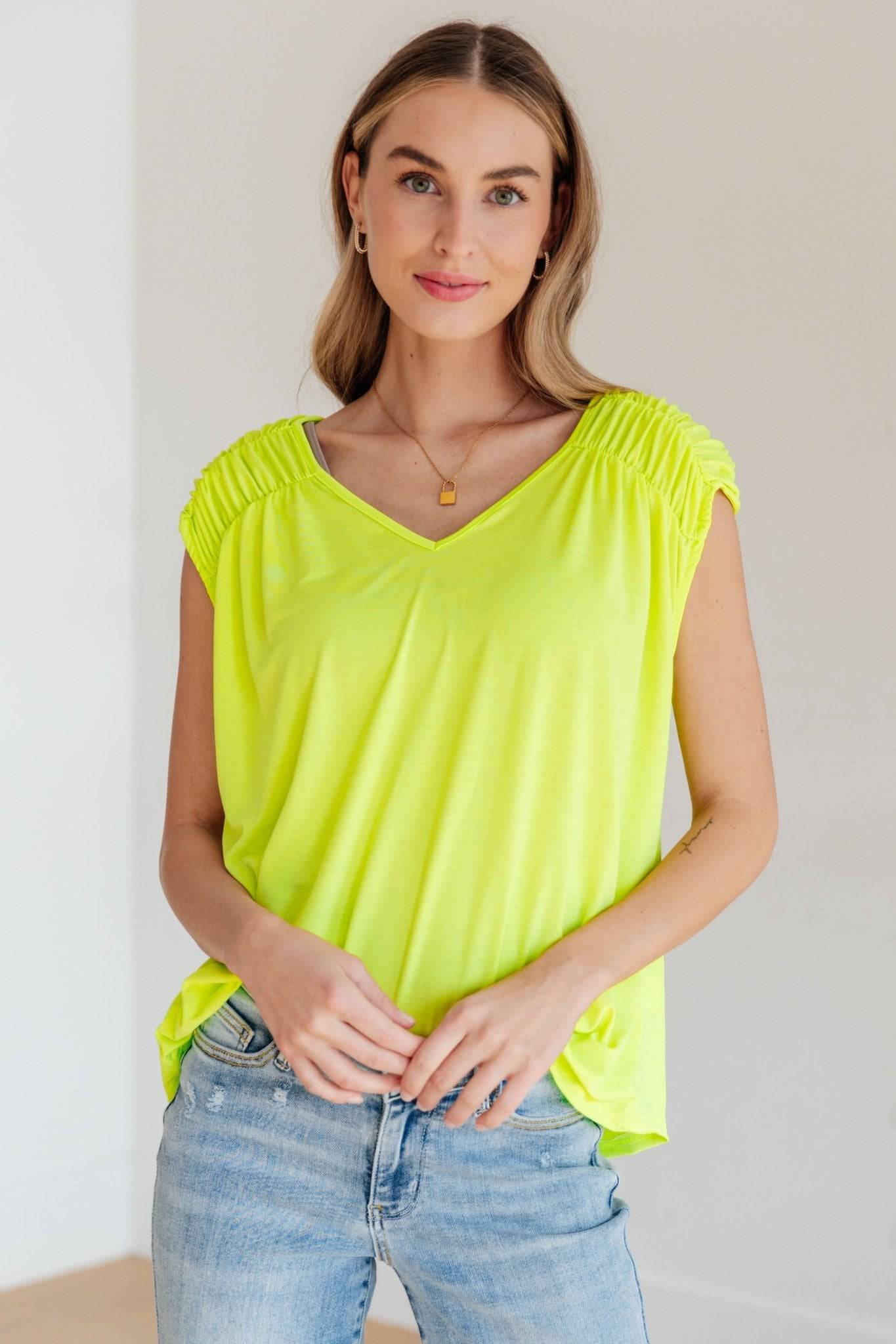 Ruched Cap Sleeve Top in Neon Green - 1985 the VAULT Boutique