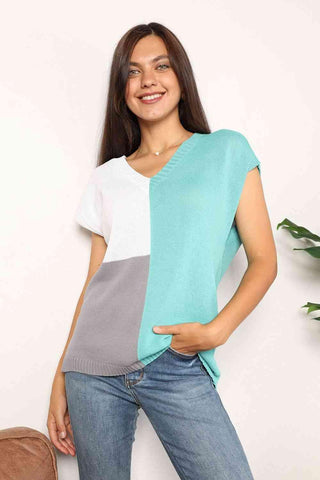 Double Take Color Block V-Neck Knit Top - 1985 the VAULT Boutique