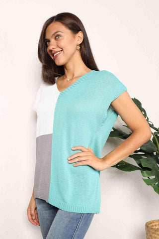 Double Take Color Block V-Neck Knit Top - 1985 the VAULT Boutique