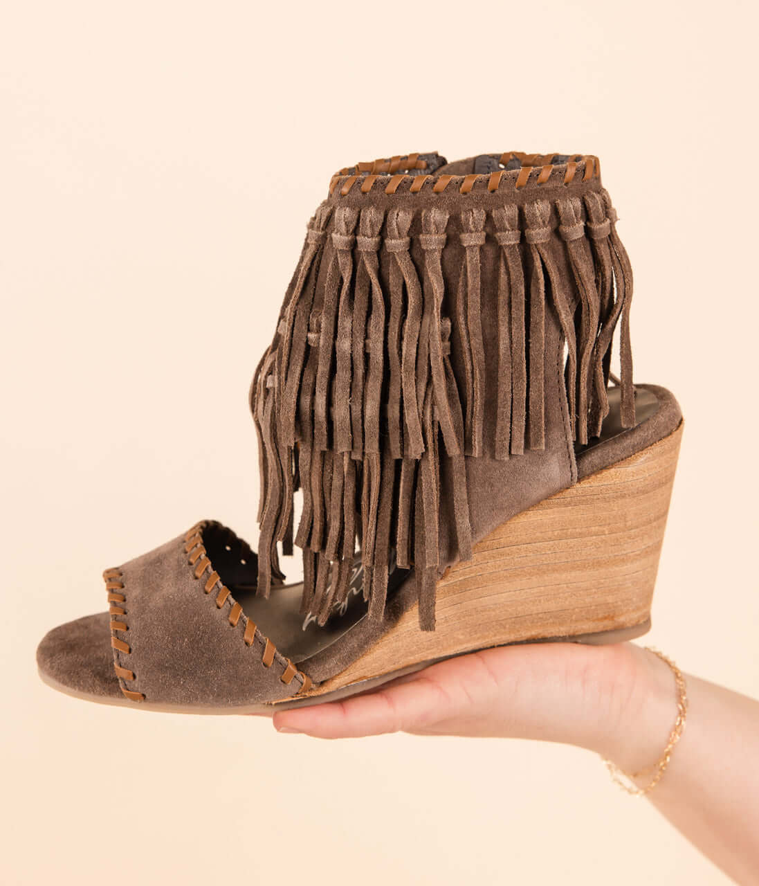 True Fringe Wedge in Taupe