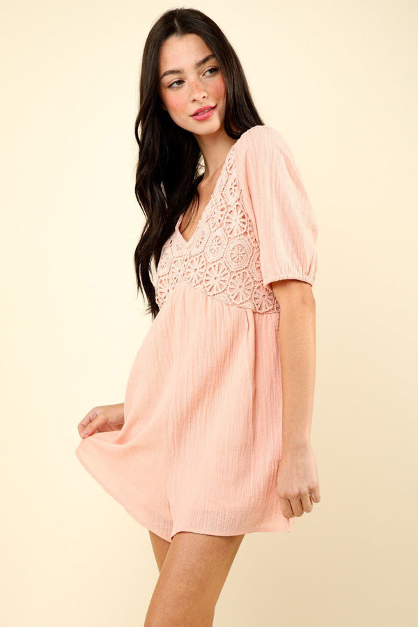 VERY J Lace Detail Puff Sleeve Romper with Pockets - Happily Ever Atchison Shop Co.