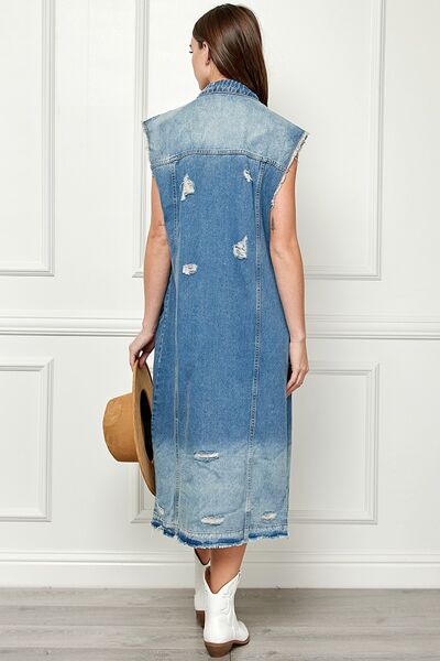 Veveret Full Size Distressed Sleeveless Longline Denim Jacket - Happily Ever Atchison Shop Co.