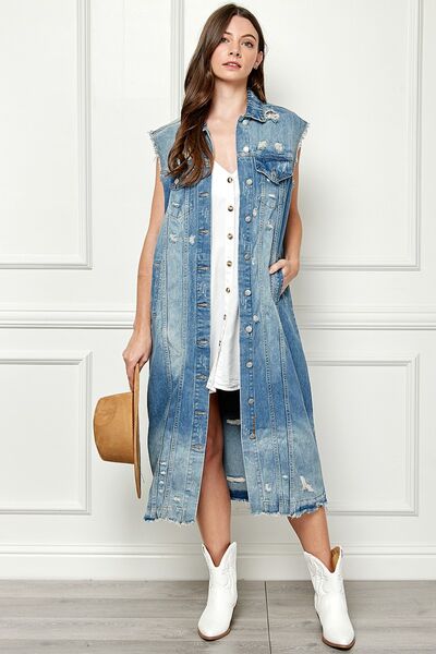 Veveret Full Size Distressed Sleeveless Longline Denim Jacket - Happily Ever Atchison Shop Co.