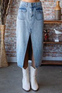 Veveret Slit Mid Rise Waist Denim Skirt - Happily Ever Atchison Shop Co.