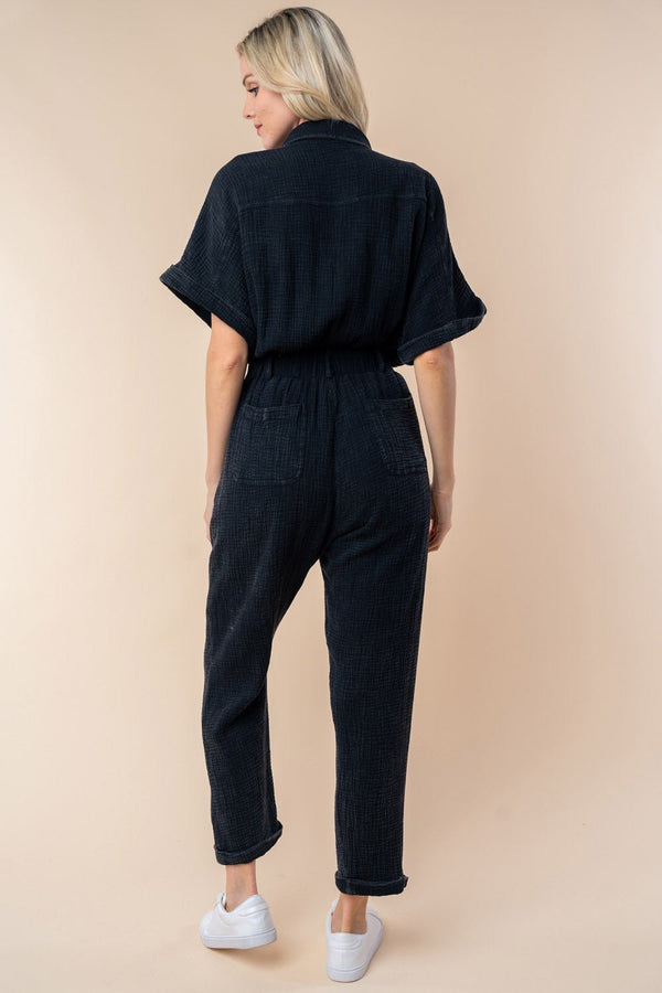 White Birch Texture Short Sleeve Jumpsuit - Happily Ever Atchison Shop Co.