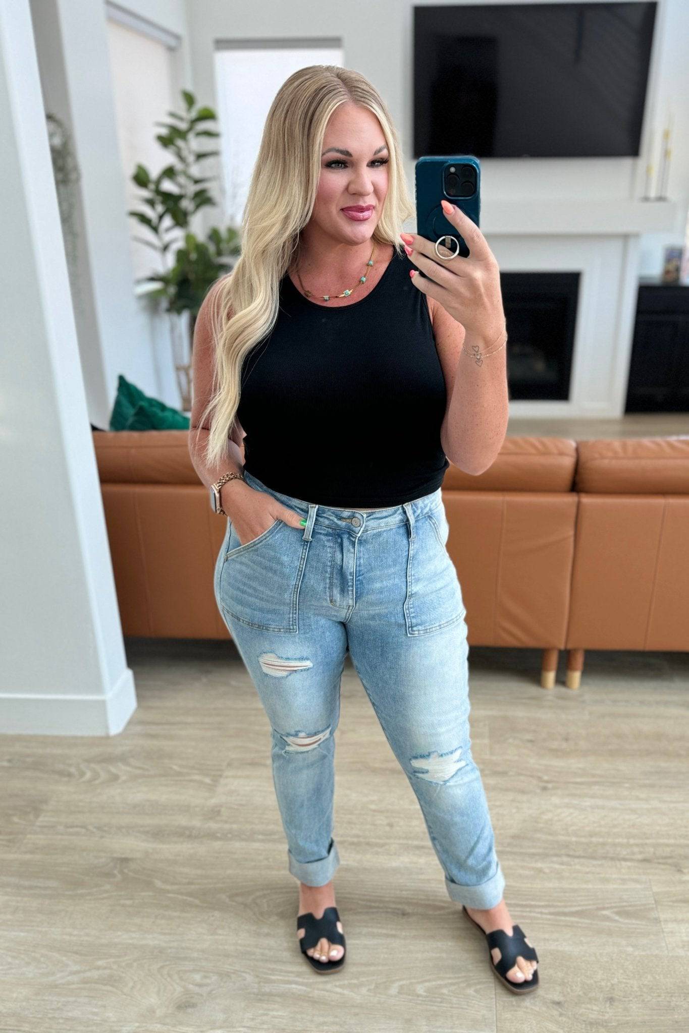 Aiden High Rise Patch Pocket Distressed Boyfriend Jeans - 1985 the VAULT Boutique