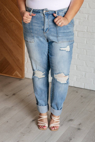 Aiden High Rise Patch Pocket Distressed Boyfriend Jeans - 1985 the VAULT Boutique