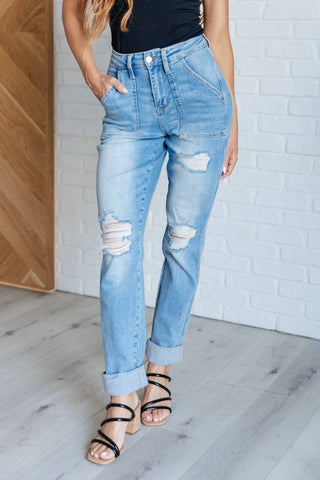 Aiden High Rise Patch Pocket Distressed Boyfriend Jeans - 1985 the VAULT Boutique