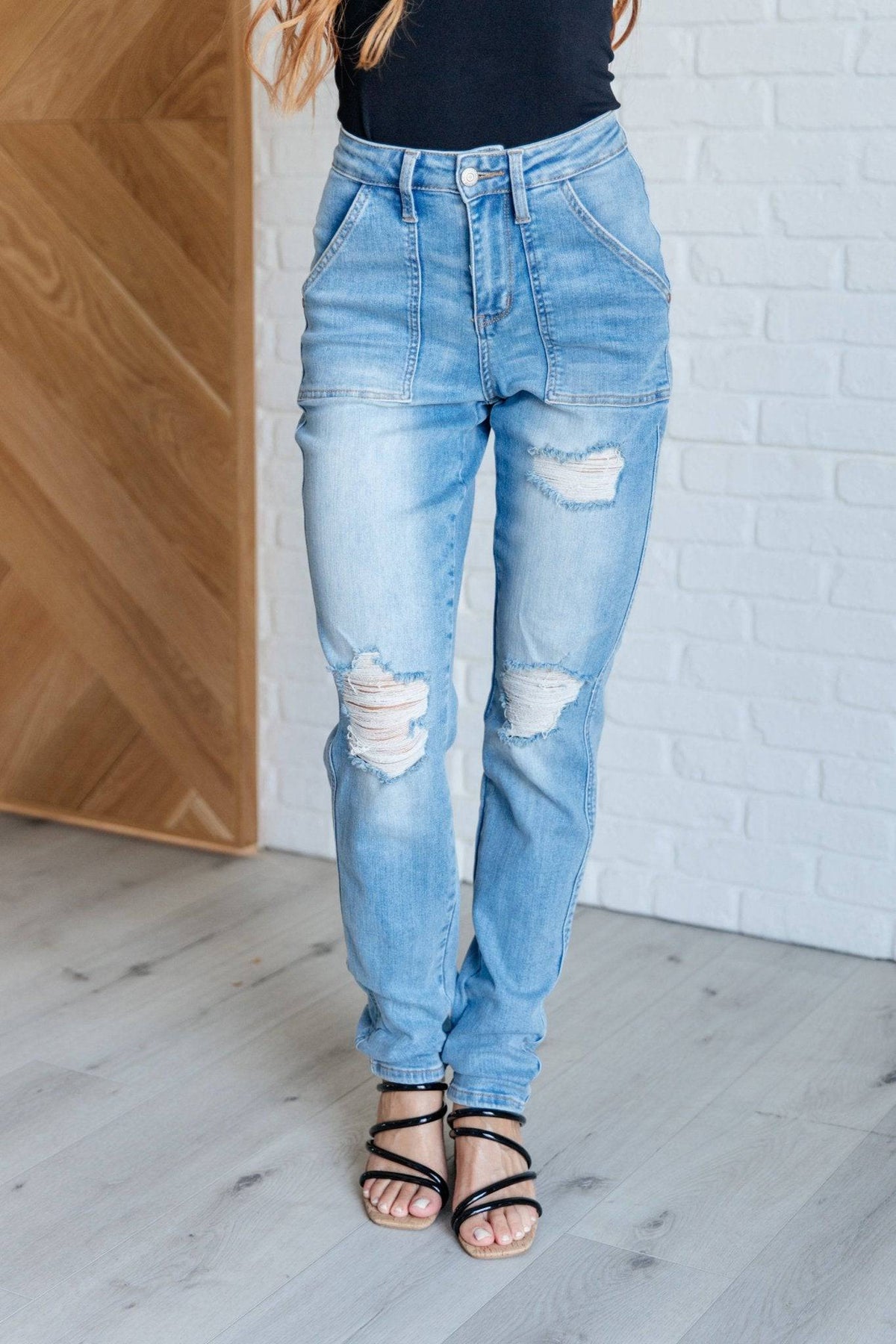 Aiden High Rise Patch Pocket Distressed Boyfriend Jeans