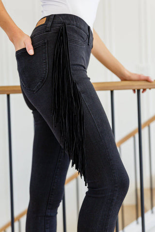 Hilary Side Fringe Skinny Jegging In Black - 1985 the VAULT Boutique