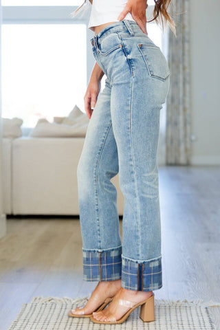 Miranda High Rise Plaid Cuff Vintage Straight Jeans - 1985 the VAULT Boutique