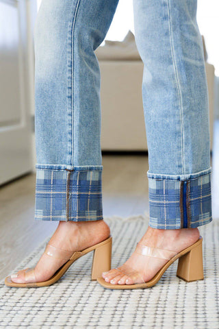 Miranda High Rise Plaid Cuff Vintage Straight Jeans - 1985 the VAULT Boutique