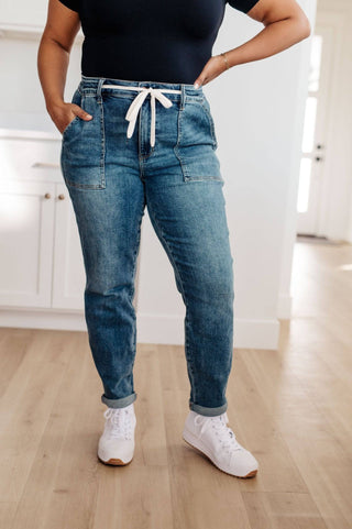 Payton Pull On Denim Joggers in Medium Wash - 1985 the VAULT Boutique