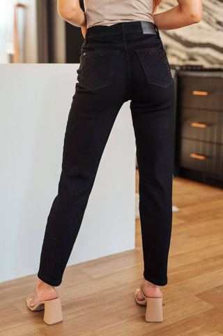 Reese Rhinestone Slim Fit Jeans in Black - 1985 the VAULT Boutique