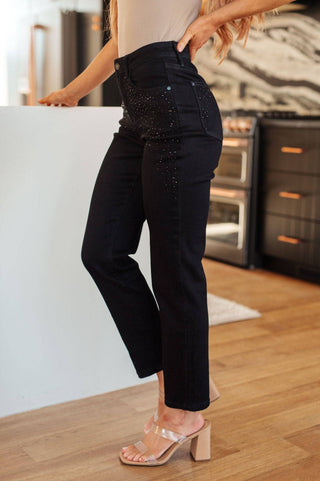 Reese Rhinestone Slim Fit Jeans in Black - 1985 the VAULT Boutique