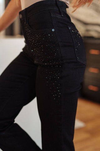 Reese Rhinestone Slim Fit Jeans in Black - 1985 the VAULT Boutique