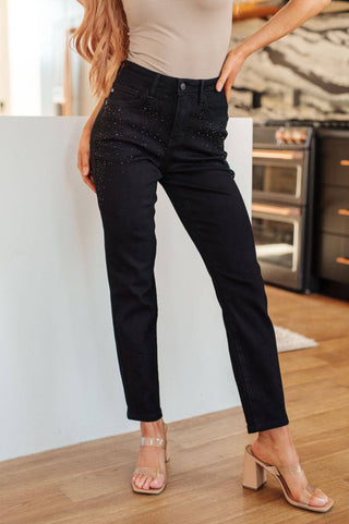 Reese Rhinestone Slim Fit Jeans in Black - 1985 the VAULT Boutique