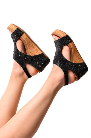 Ashley Wedge Sandals in Black Rhinestone - 1985 the VAULT Boutique