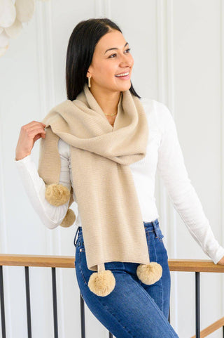 Knitted Fuzzy Pom Pom Scarf In Beige - 1985 the VAULT Boutique