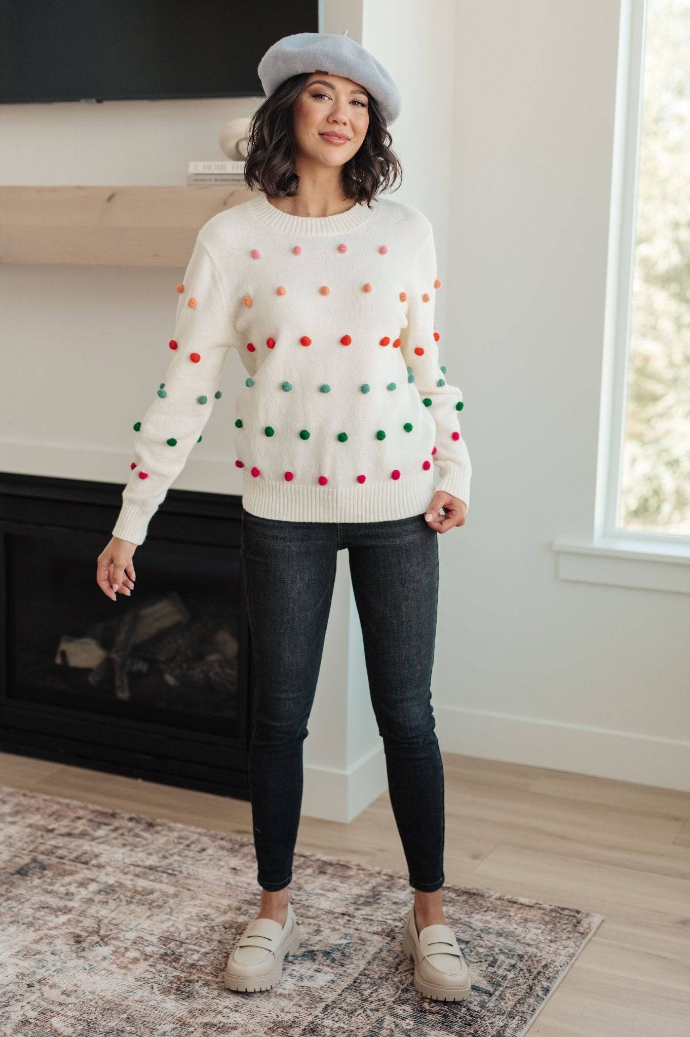 Candy Buttons Pom Detail Sweater - 1985 the VAULT Boutique