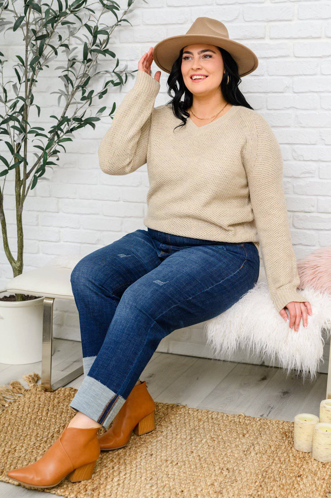 Chai Latte V-Neck Sweater in Oatmeal - 1985 the VAULT Boutique