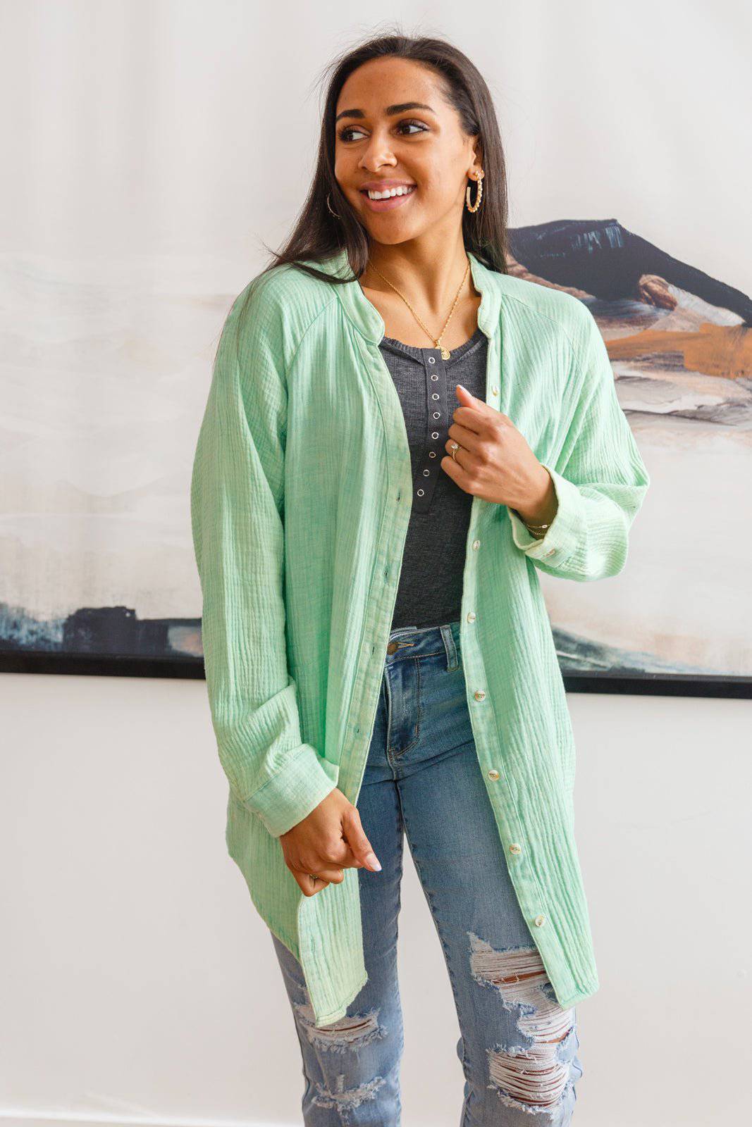 Corey Button Up Top In Vintage Green - 1985 the VAULT Boutique